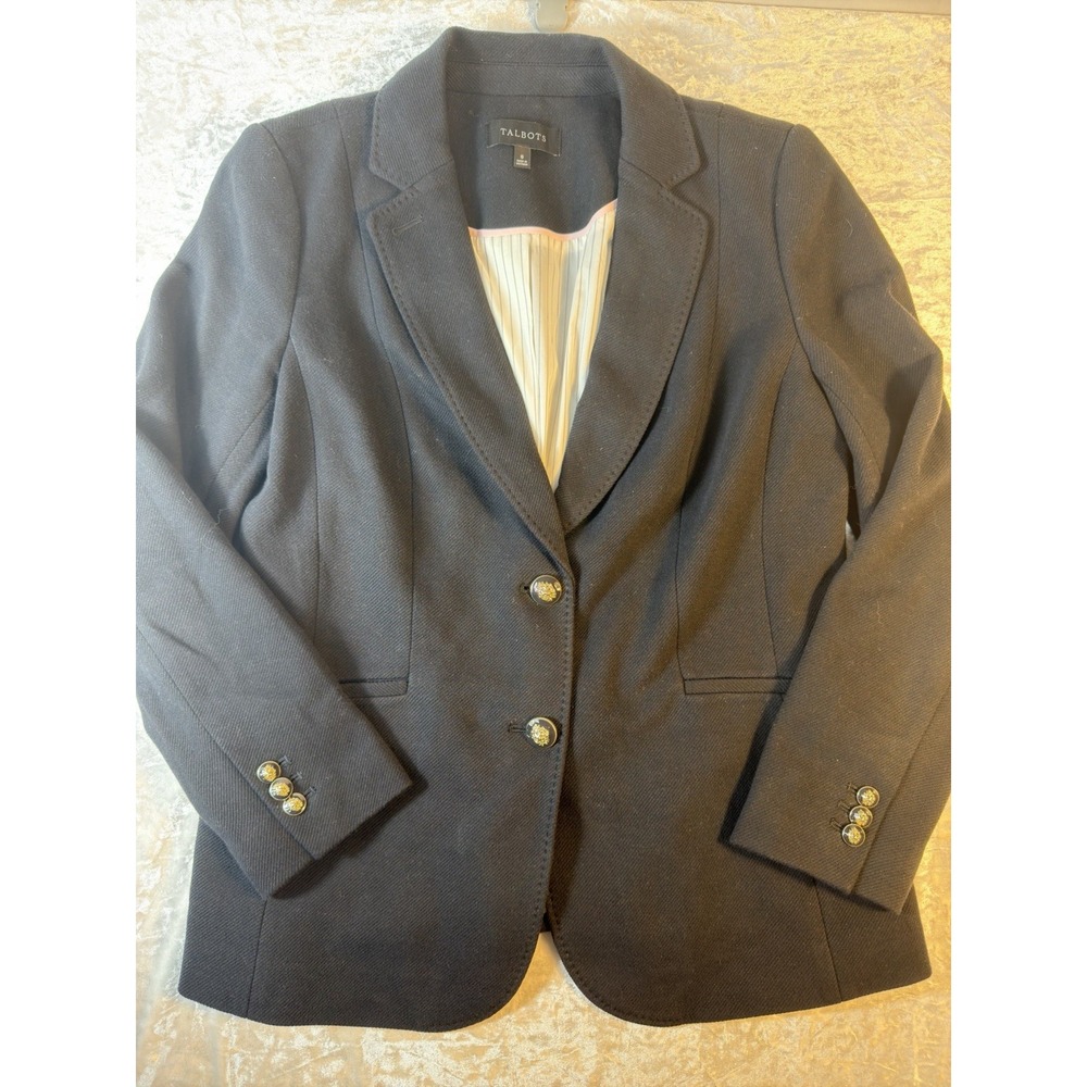 Talbots Blazer Women's Size 8 Black Gold Crest Buttons Cotton Blend Preppy